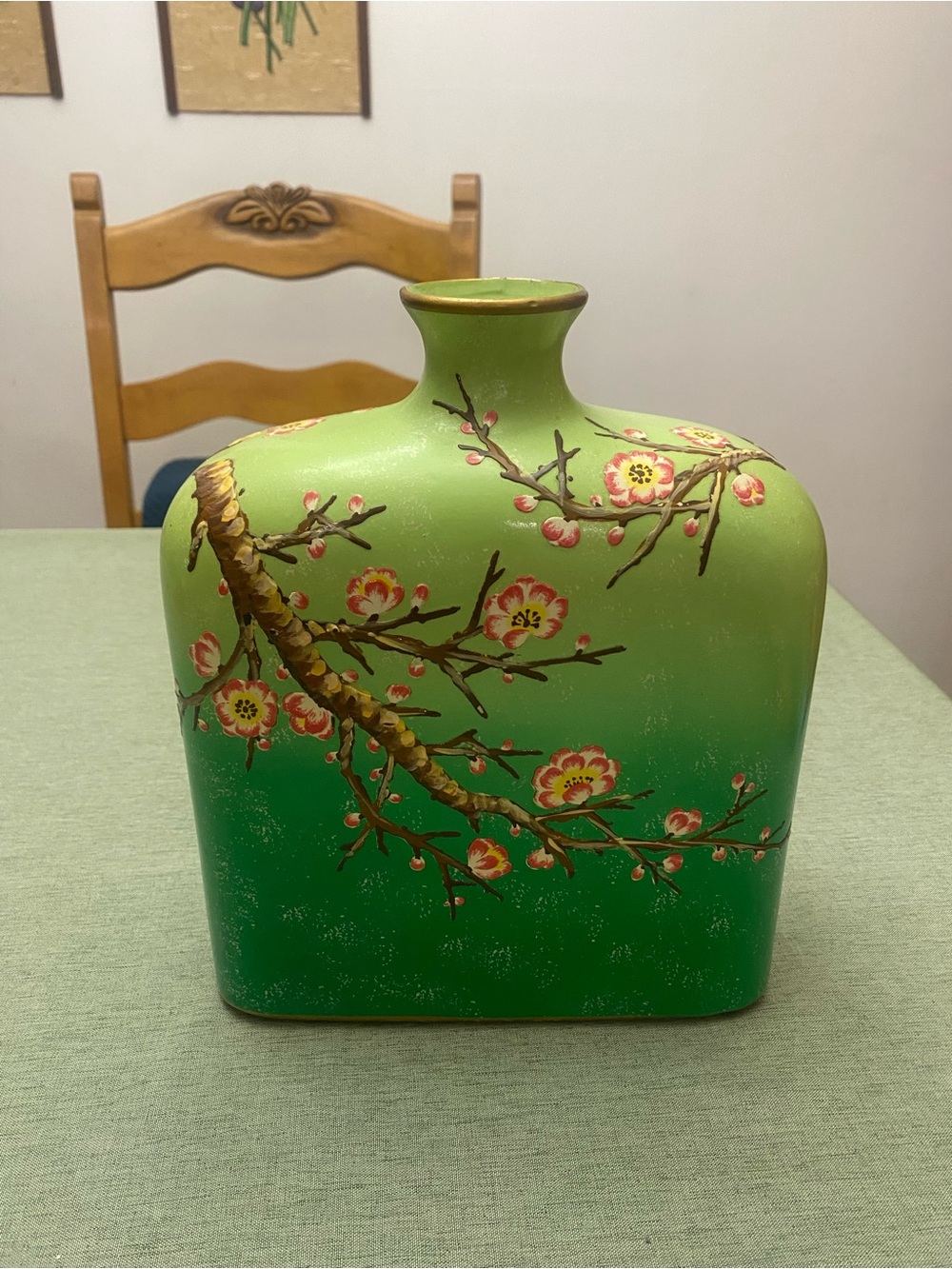 Green Ombre Floral Porcelain Hand-painted Vase with Cherry Blossom Branch Motif